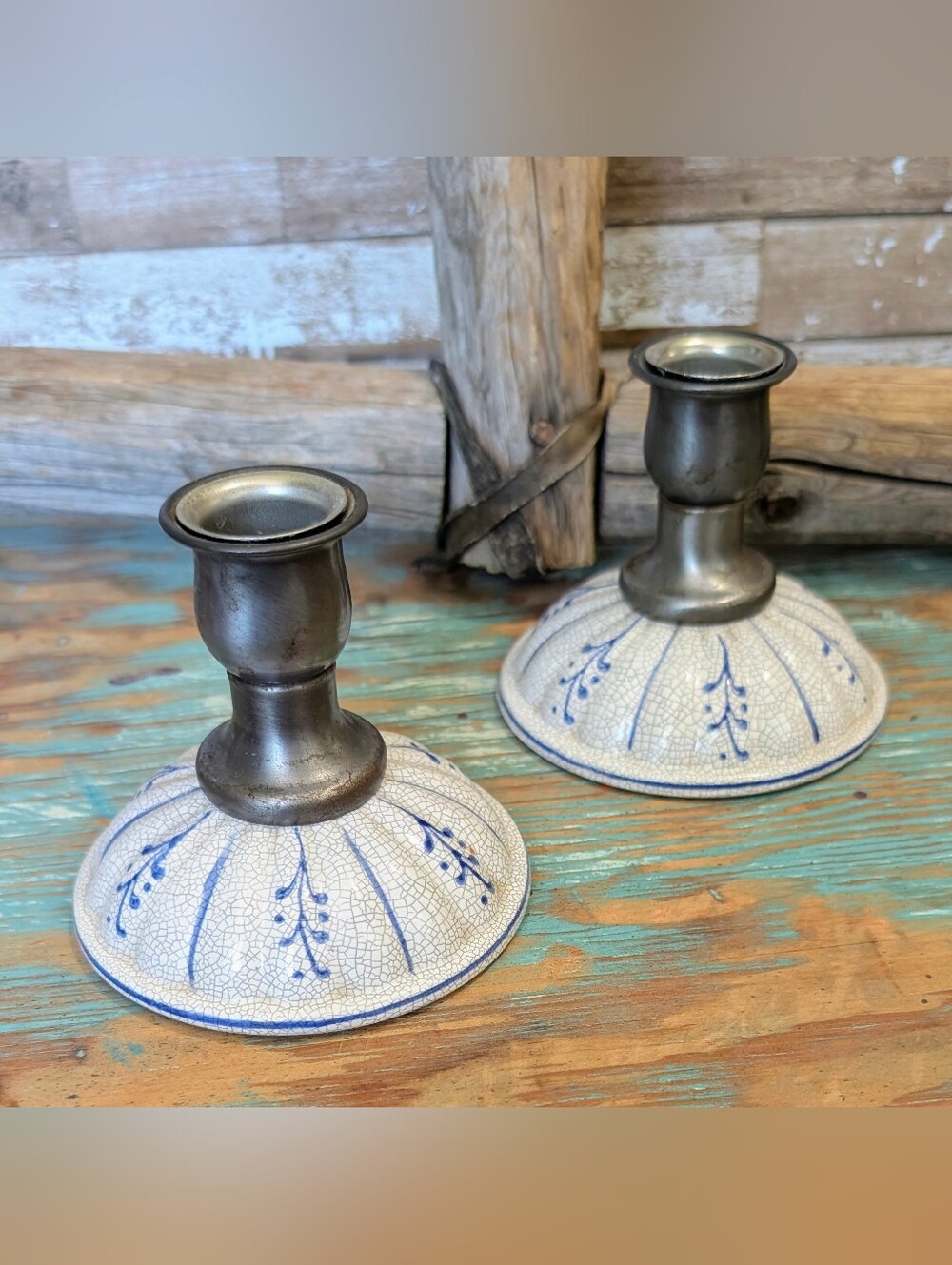 Two Vintage Farmhouse Country Candlestick Holders Blue & Crackled White